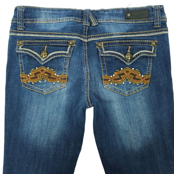 Antique Rivet Jeans BootCut Western Low Rise Sz 29 Rhinestone Stretch Distressed - Picture 11 of 14